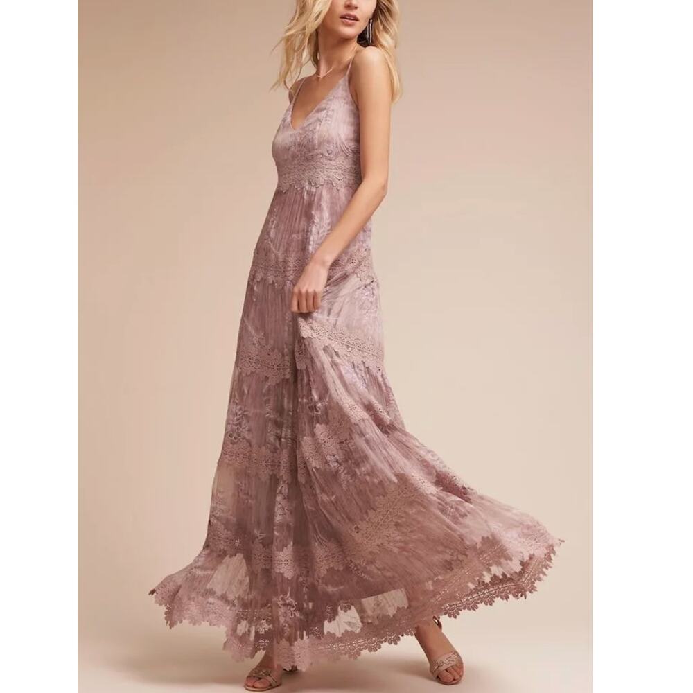 Anthropologie BHLDN Joni Dress Pink & White Striped Sleeveless Lace Maxi Size 2